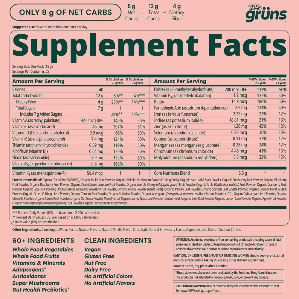 Gruns Olipop Strawberry Vanilla Superfoods Greens Gummies for Kids 28 Packs NEW