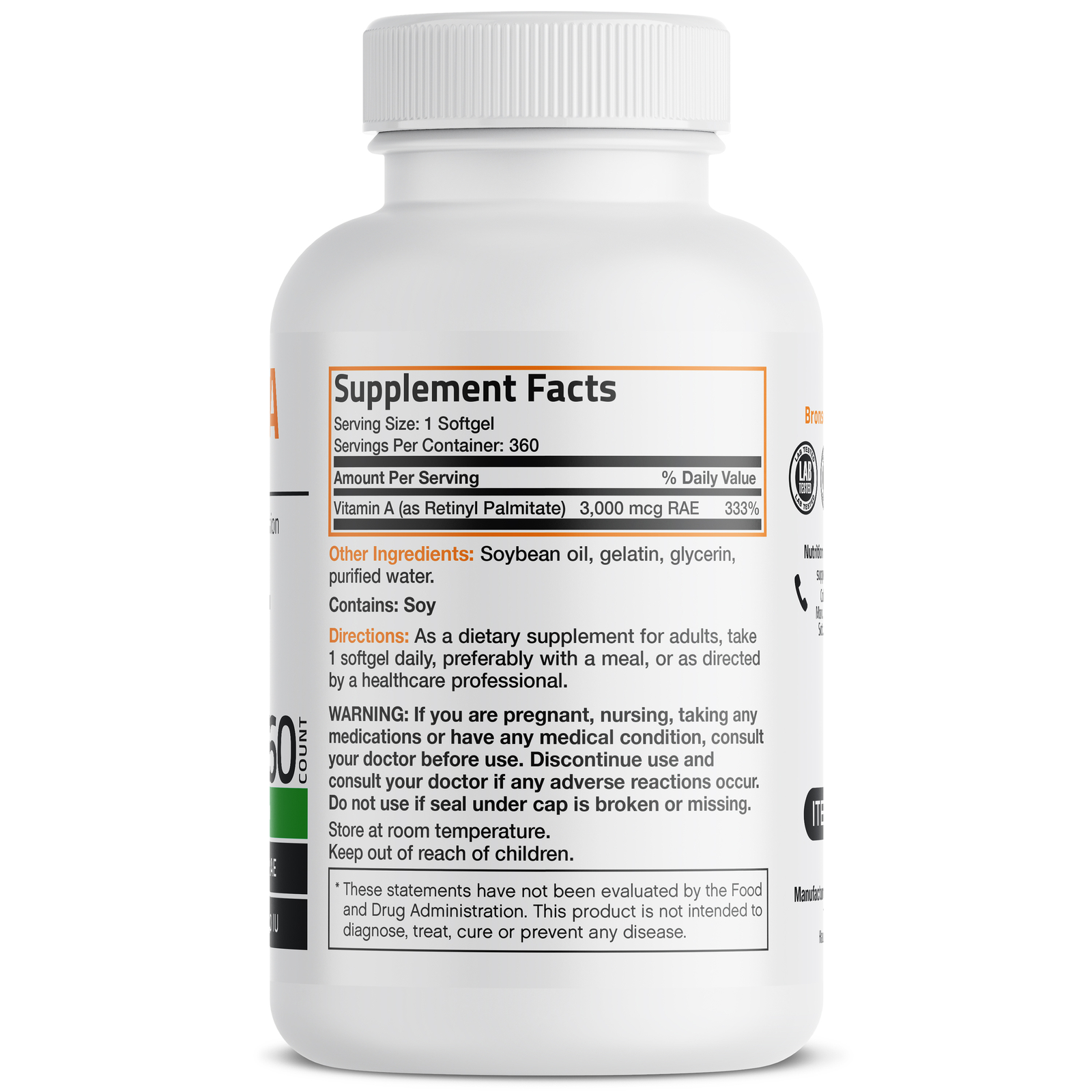 Bronson VITAMIN A 10,000 IU Premium Non-GMO Healthy Vision, 360 Softgels
