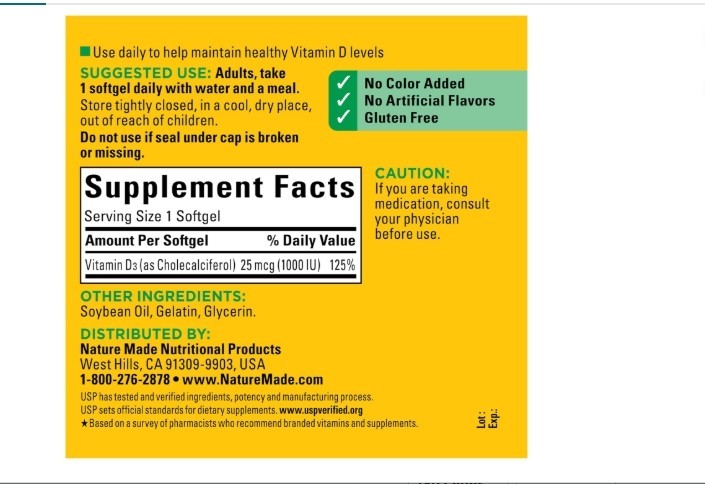 Nature Made Vitamin D3 1000 IU (25 Mcg), Vitamin D Supplement for Bone, Teeth, M