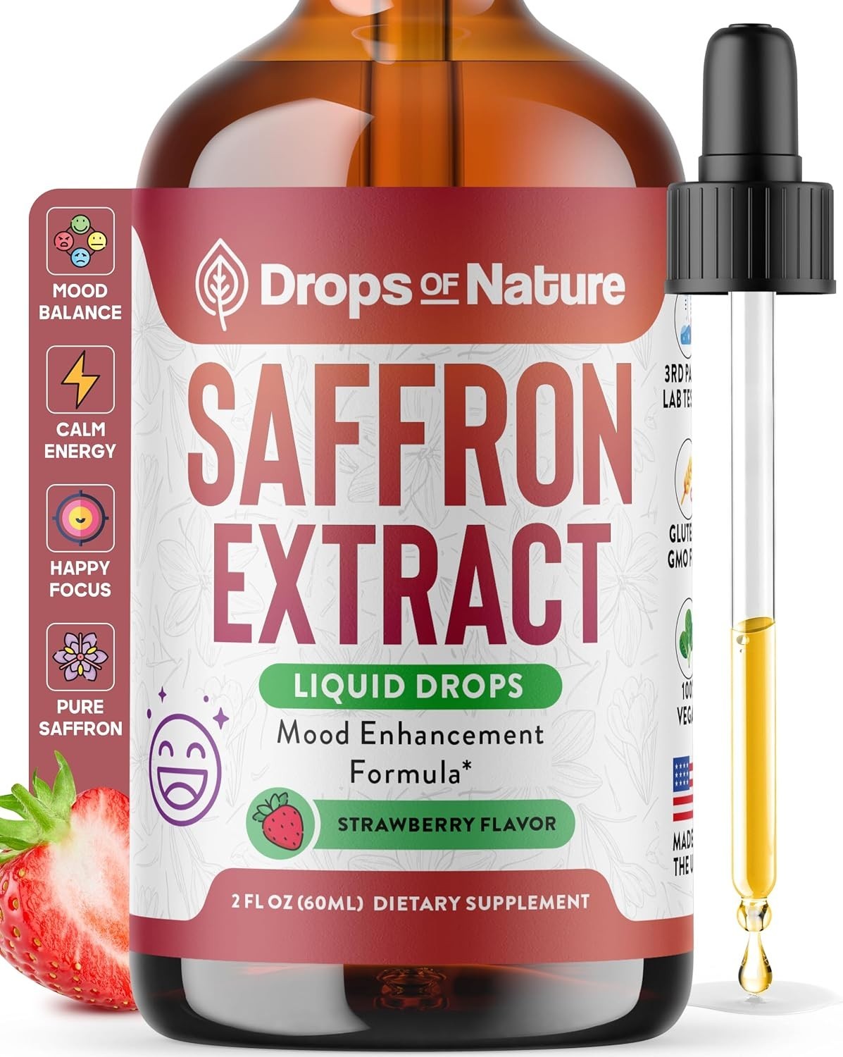 Saffron Extract Liquid Drops for Mood & Mind -Strawberry Flavor 2 fl oz 50mg