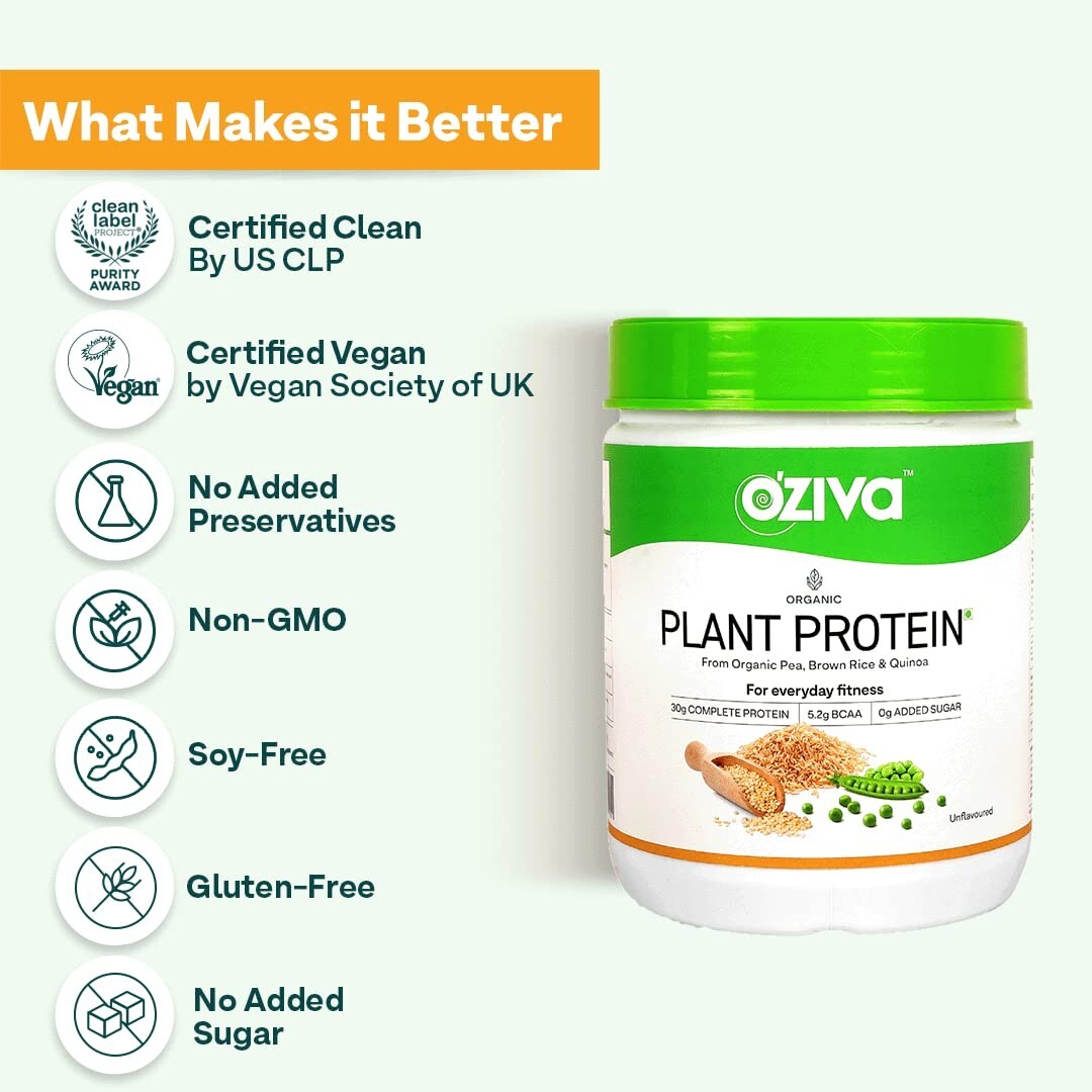 OZiva Organic Plant Protein 500gm No Added Sugar Certified Clean & Vegan