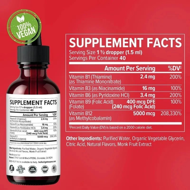 2-Bottles Vitamin B12 and B6 Liquid Drops B12 Complex – Vitamin B B1 Sublingual