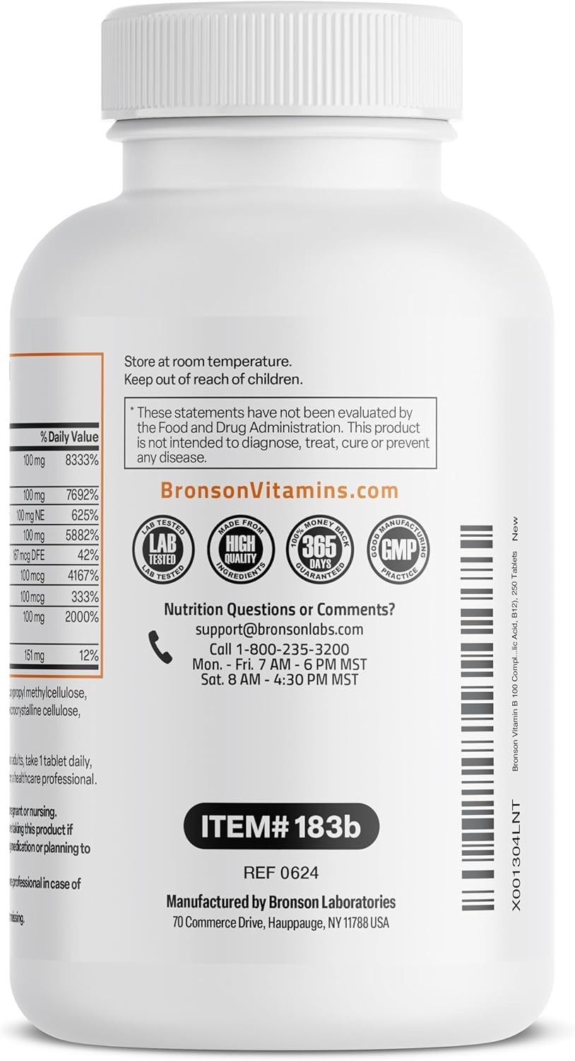 Bronson Super B 100 Vitamin B Complex Sustained Release 250 Count (Pack of 1)