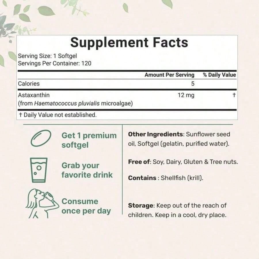 Astaxanthin 12mg, 120 Softgels | 4 Monthly Supply, Natural Tanning, Fresh Microa