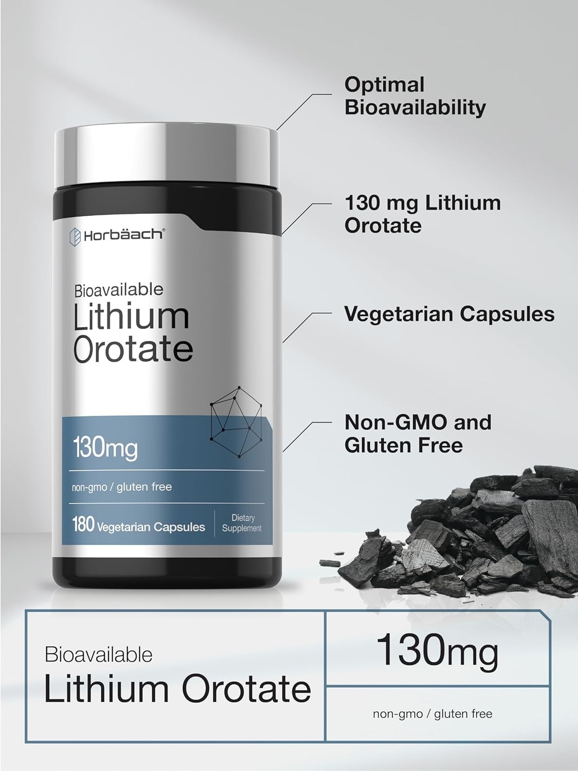 Lithium Orotate 130mg | 180 Capsules | 5mg Elemental Lithium | by Horbaach