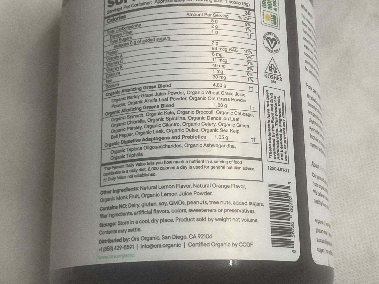 Ora Easy Being Green Superfood Greens Citrus Flavor 30 Servings Exp 09/2026