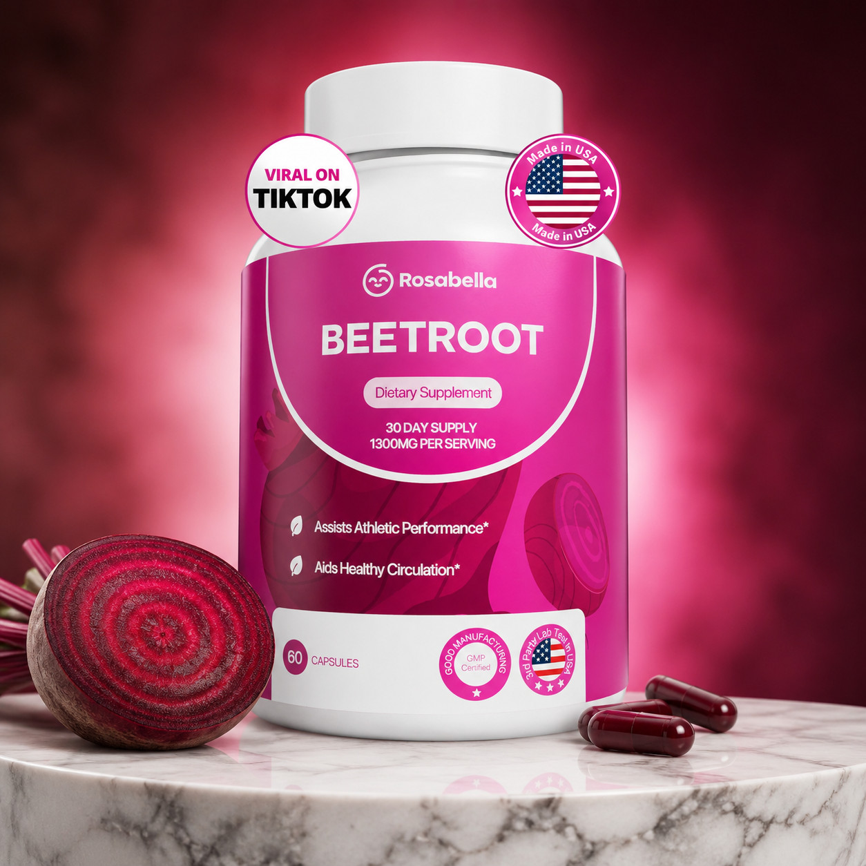 Rosabella Organic Beetroot Powder Capsules 1300mg Circulation Energy 60 Ct