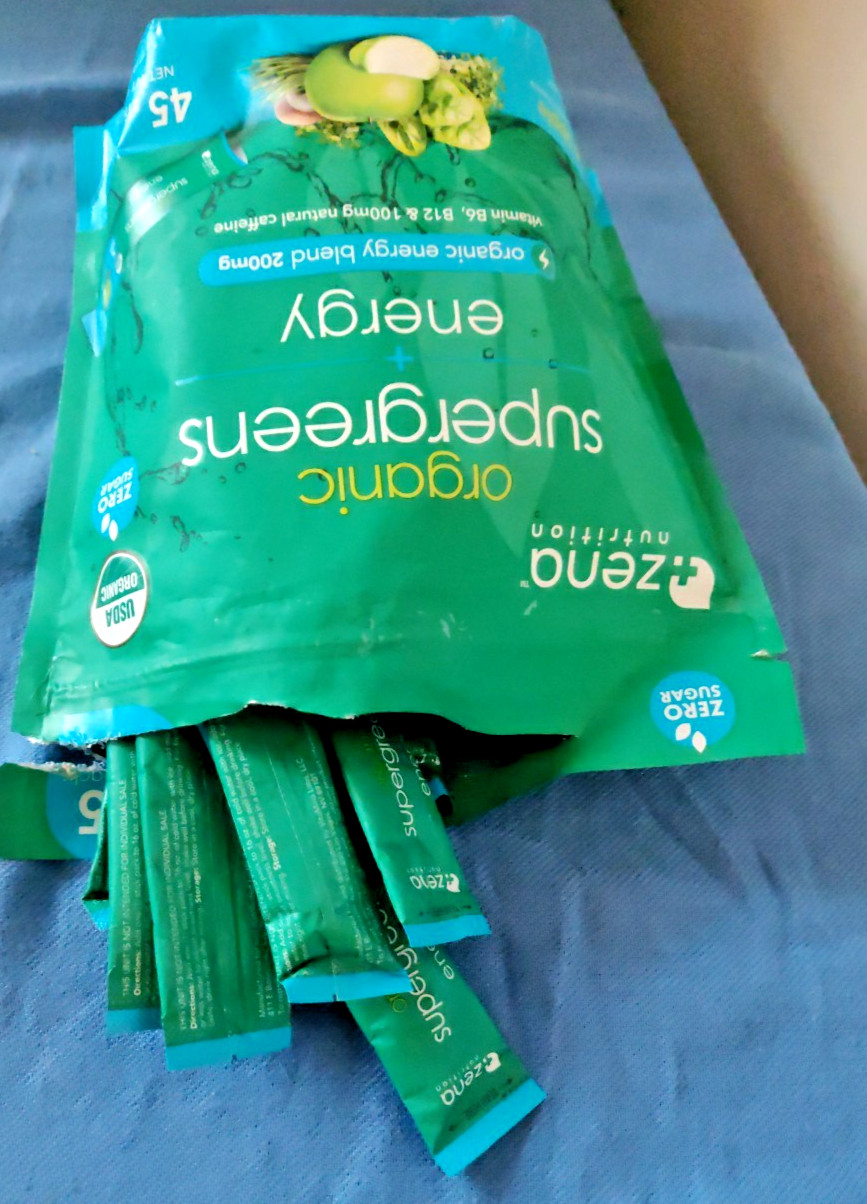 Zena Organic Supergreens Plus Energy Apple 45 Stick Exp: 7/2027 – Open Bag