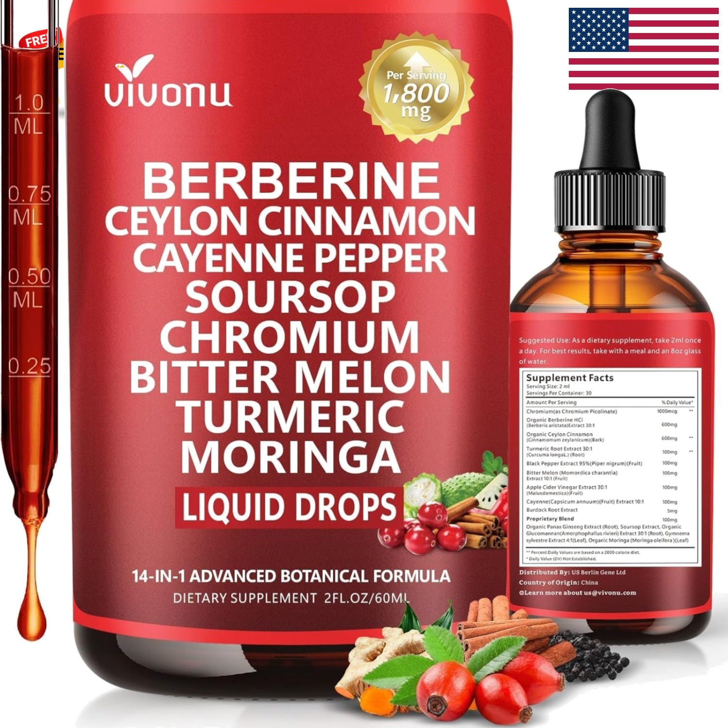 Convenient 14-in-1 Herbal Drops, 2 Fl Oz Berberine & Turmeric for Daily Vitality