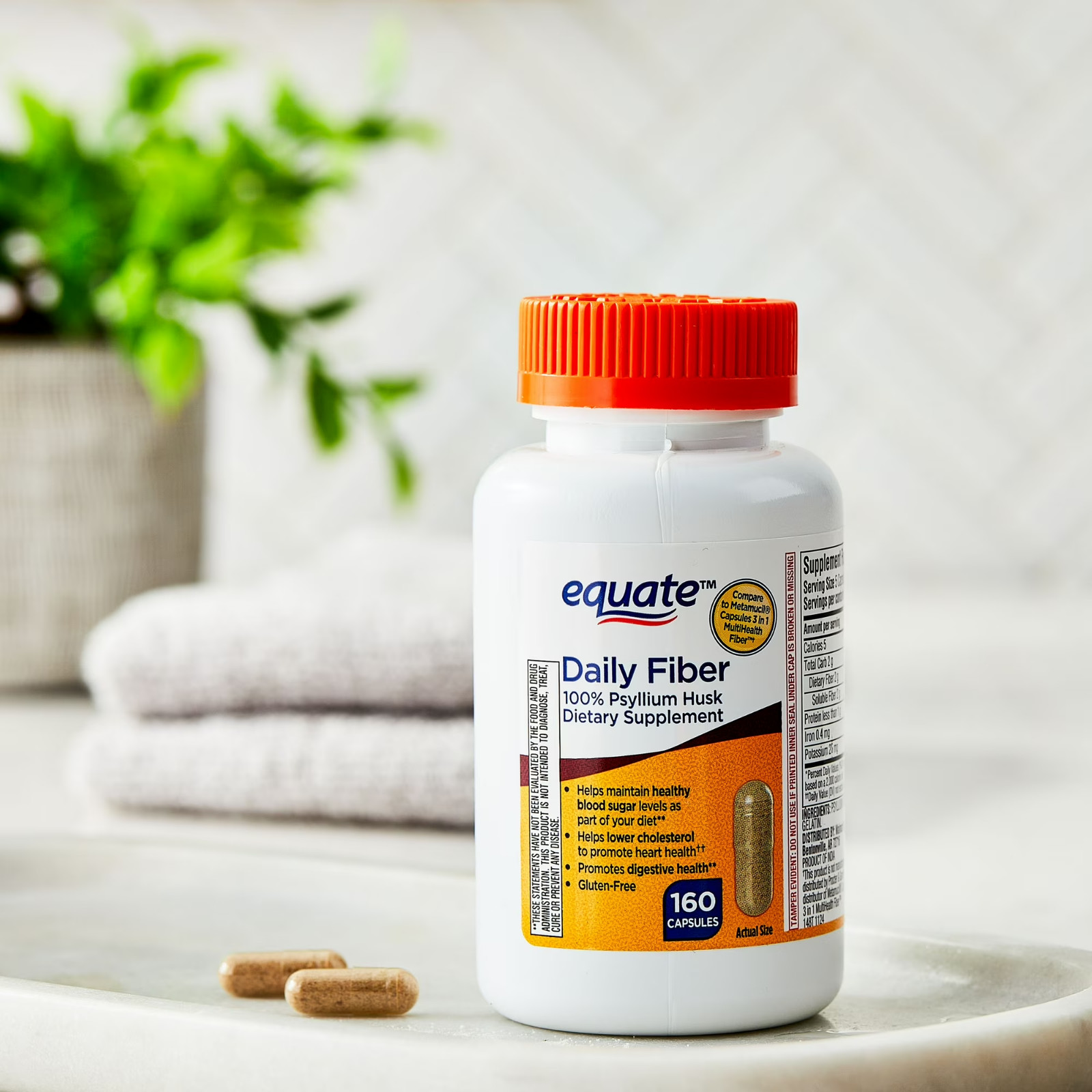 Equate 100% Psyllium Husk Daily Fiber Dietary Supplement, 160 Capsules