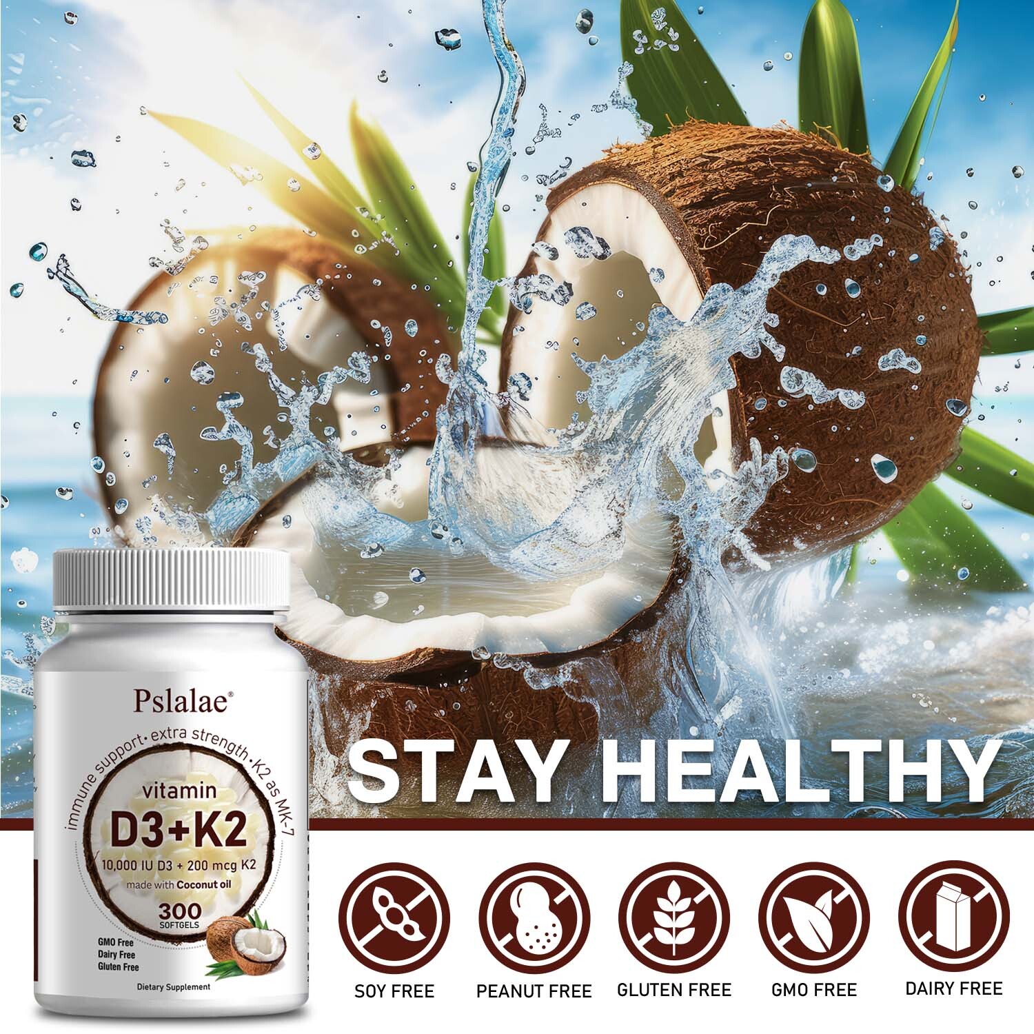 Vitamin D3+K2 MK7 10000 IU – Strong Bones, Immune Support – with Coconut Oil