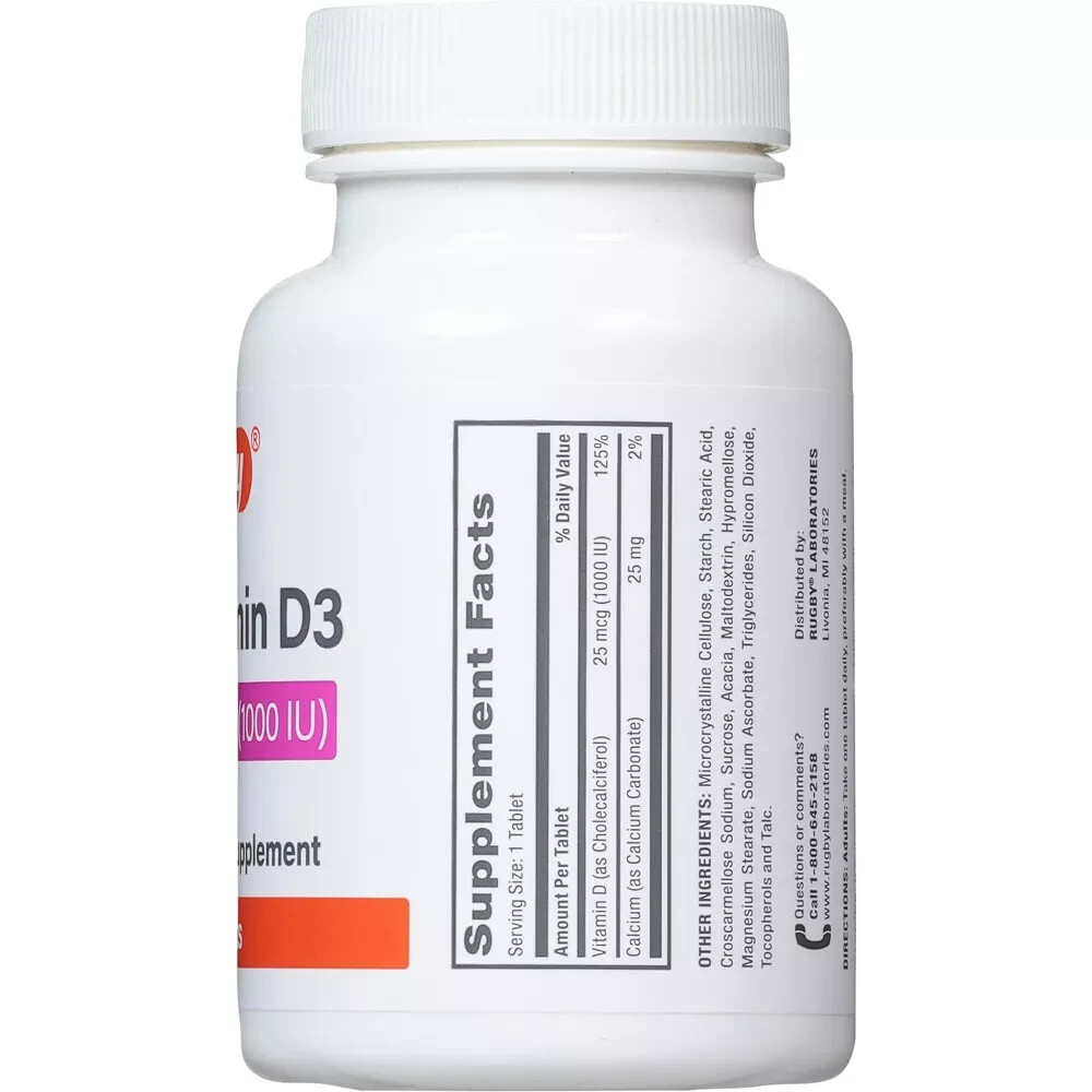 Rugby Vitamin D3 25 mcg (1000 IU), Tablet Dietary Supplement Gluten Free