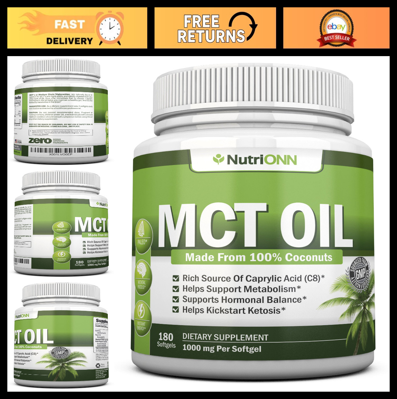 MCT Oil 3000mg – 180 Softgels – Organic Coconut, Non-GMO, Cold Pressed, Paleo –