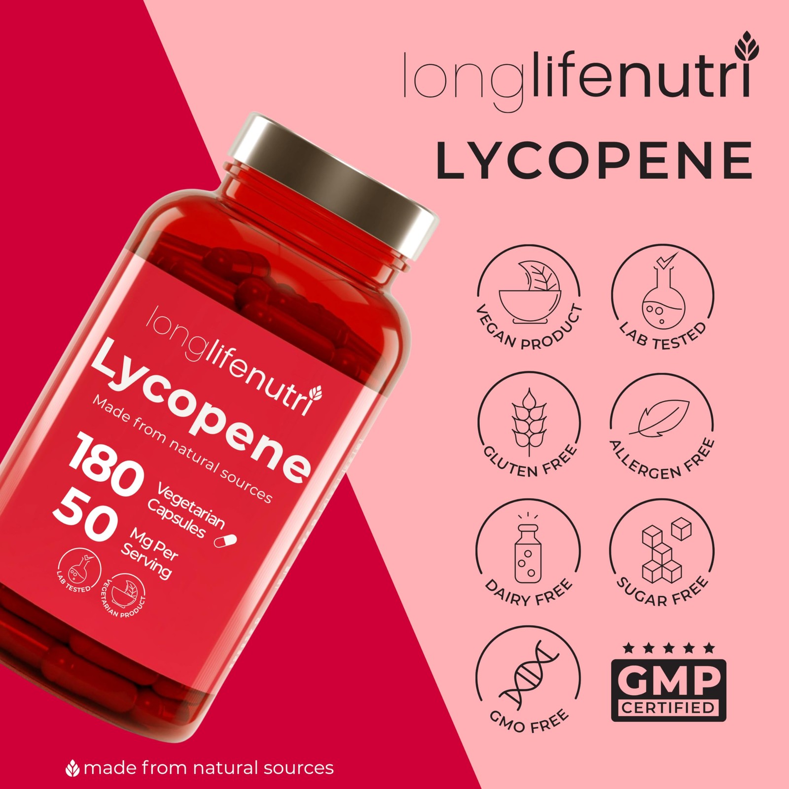 LongLifeNutri Lycopene 50mg, Natural Tomato Extract, 180 Veg Capsules