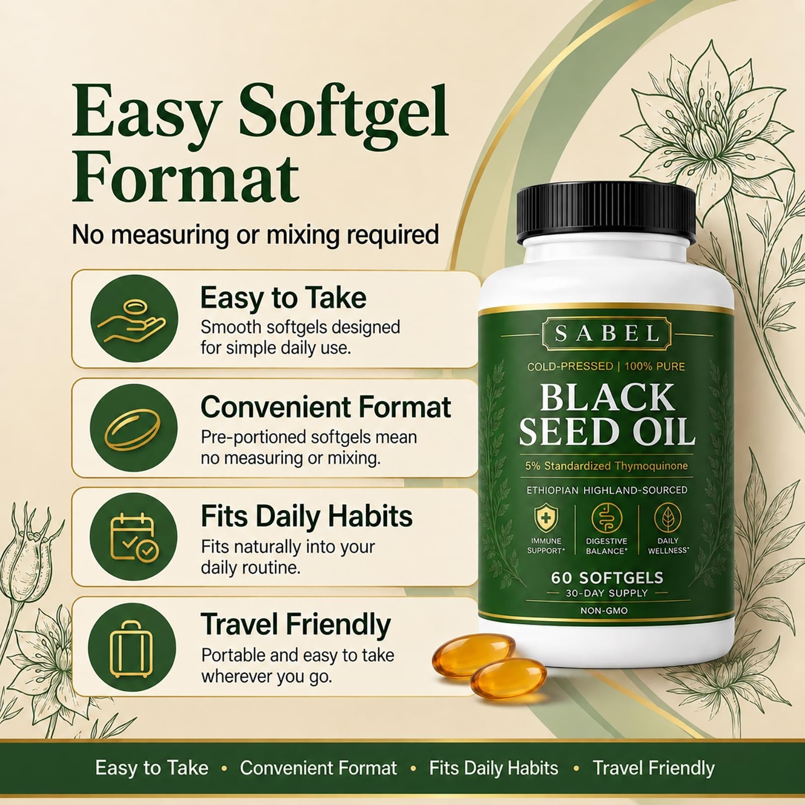 Ethiopian Black Seed Oil Softgels – Cold Pressed, Non-GMO, Gluten-Free, 60 Count