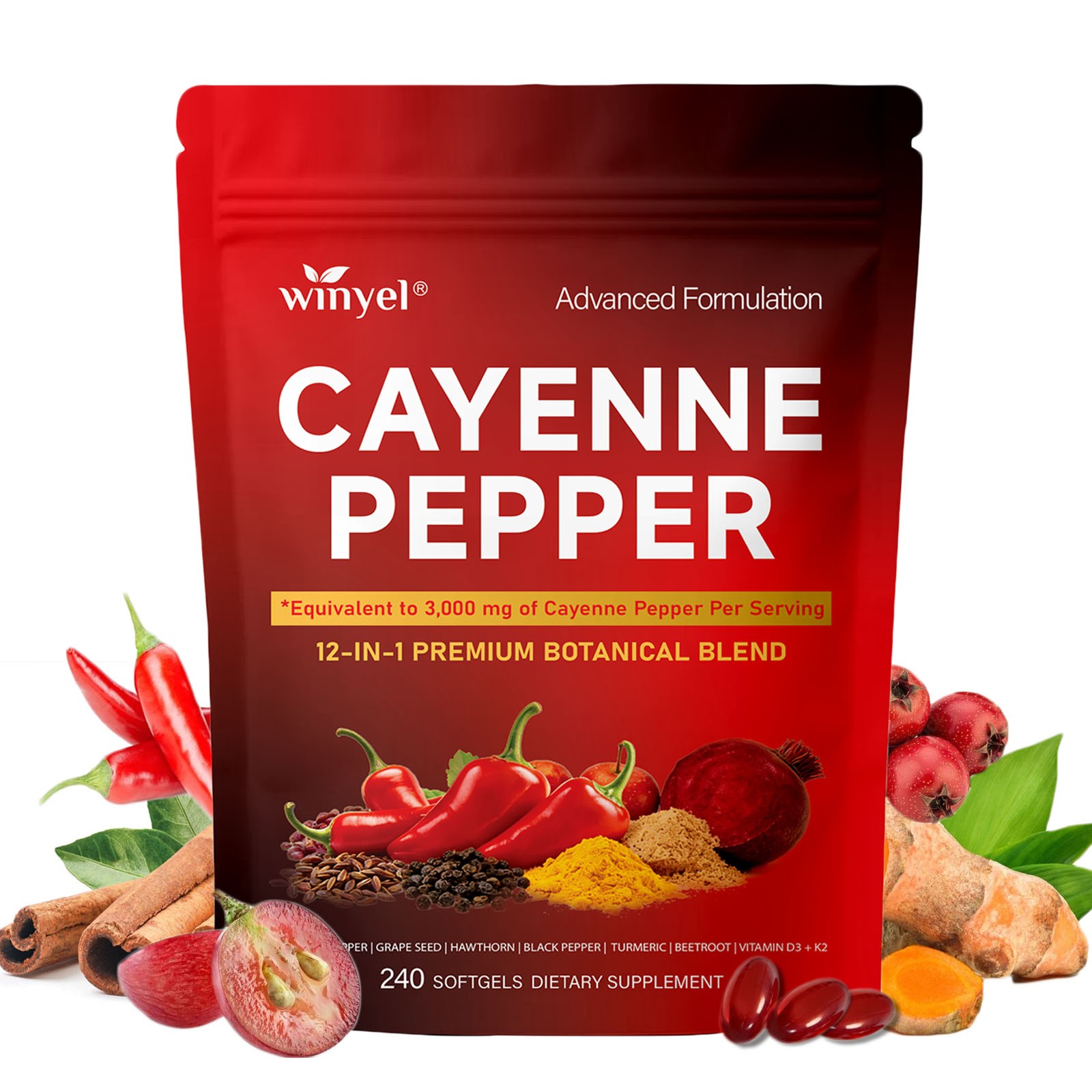 Chili Pepper Softgel Vein Heart Vascular Support Vitamins C D3 K2 Grape Seed