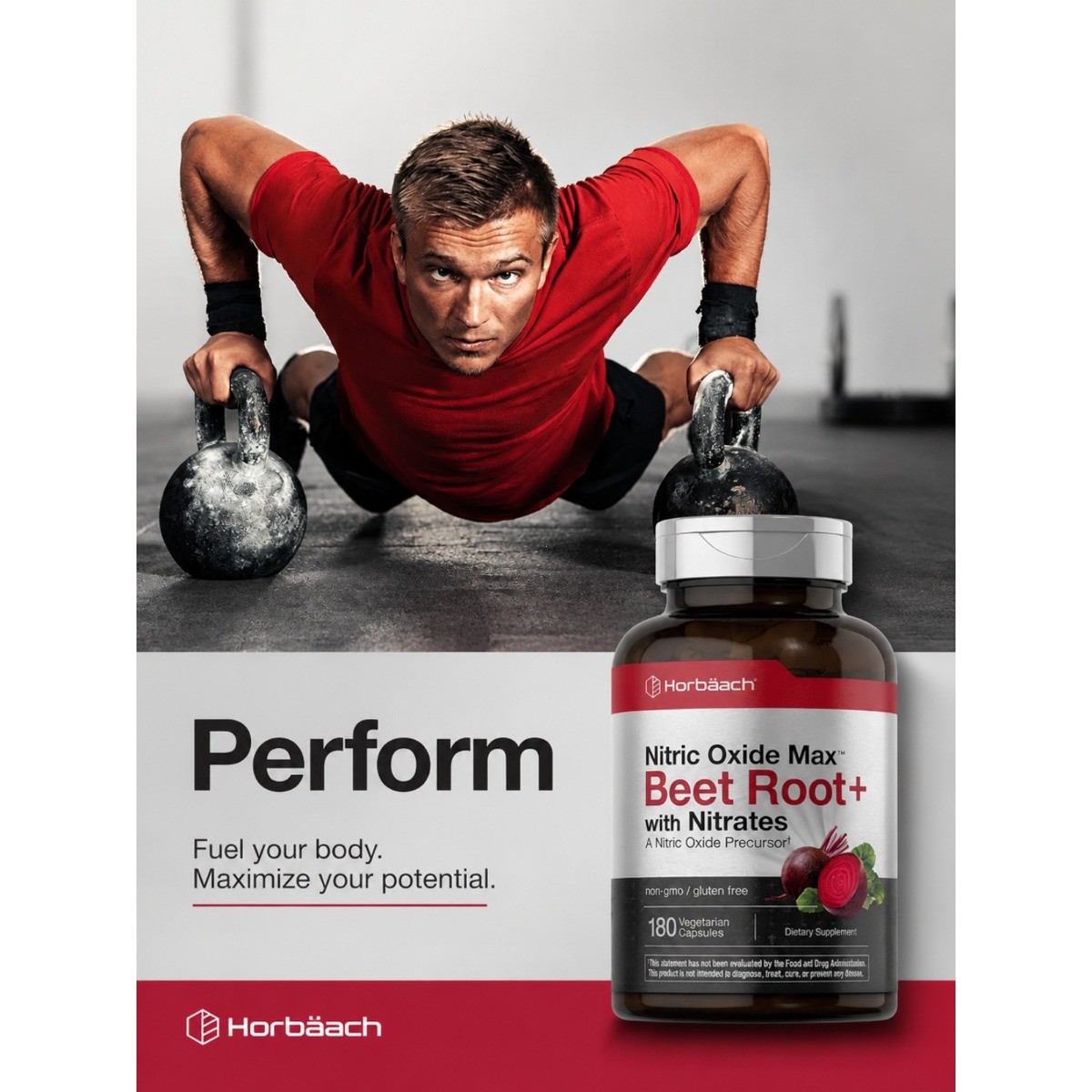 Nitric Oxide Max Beet Root+ with Nitrates–Non-GMO, Gluten-Free, 180 Veg Capsules