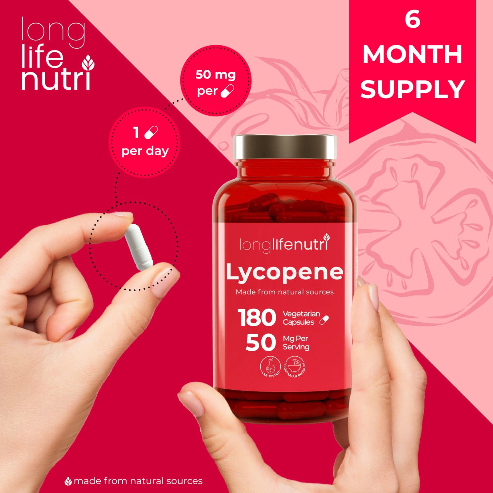 LongLifeNutri Lycopene 50mg, Natural Tomato Extract, 180 Veg Capsules