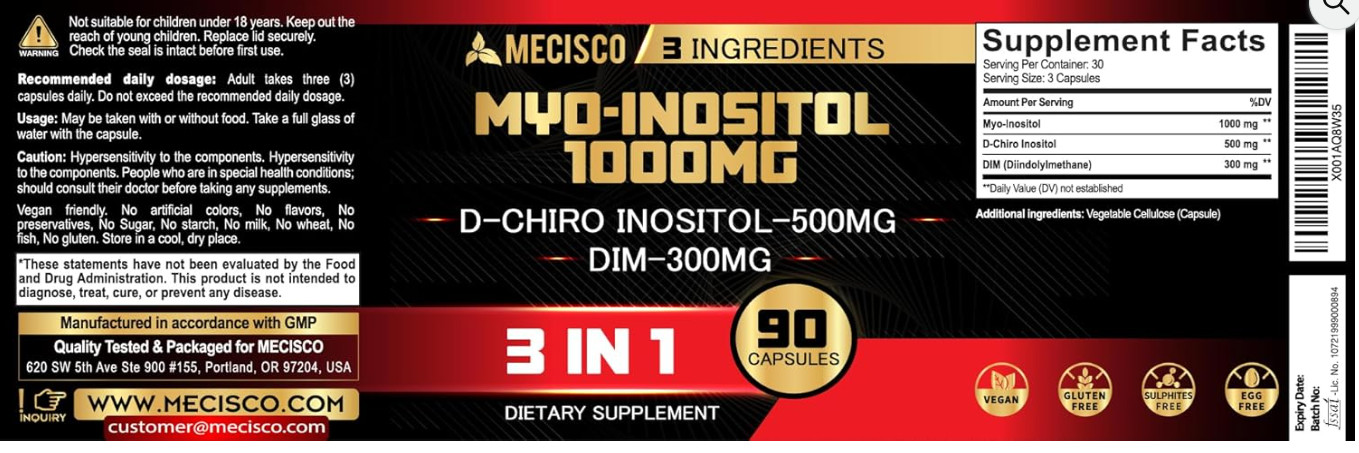 3in1 Myo-Inositol & D-Chiro Inositol Supplement with DIM – 90 Cap – 30 Days 3 PK