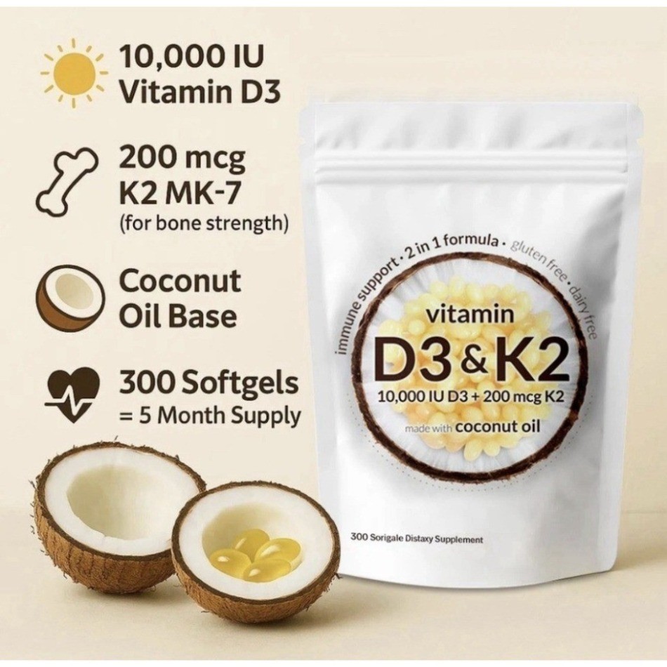 Vitamin D3 10000 IU K2 MK-7 200mcg Virgin Coconut Oil Softgels