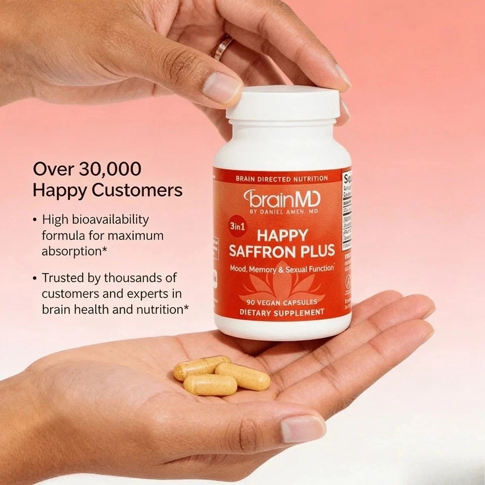 BrainMD Happy Saffron Plus 3-in-1 Vegan Capsules Supplement