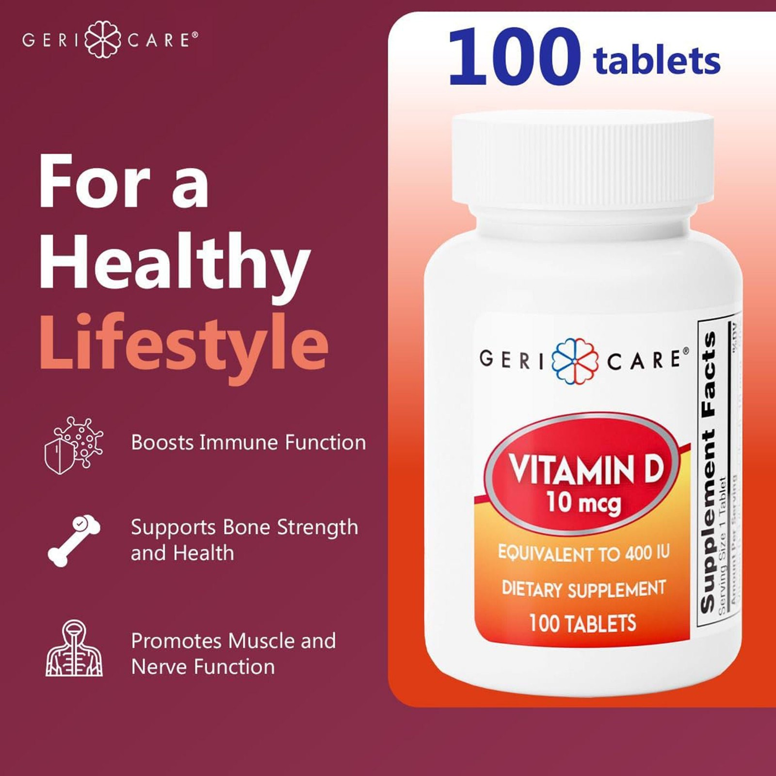 Geri-Care Vitamin D Tablet 400 IU 874-01-GCP 1 Bottle 100 per Bottle