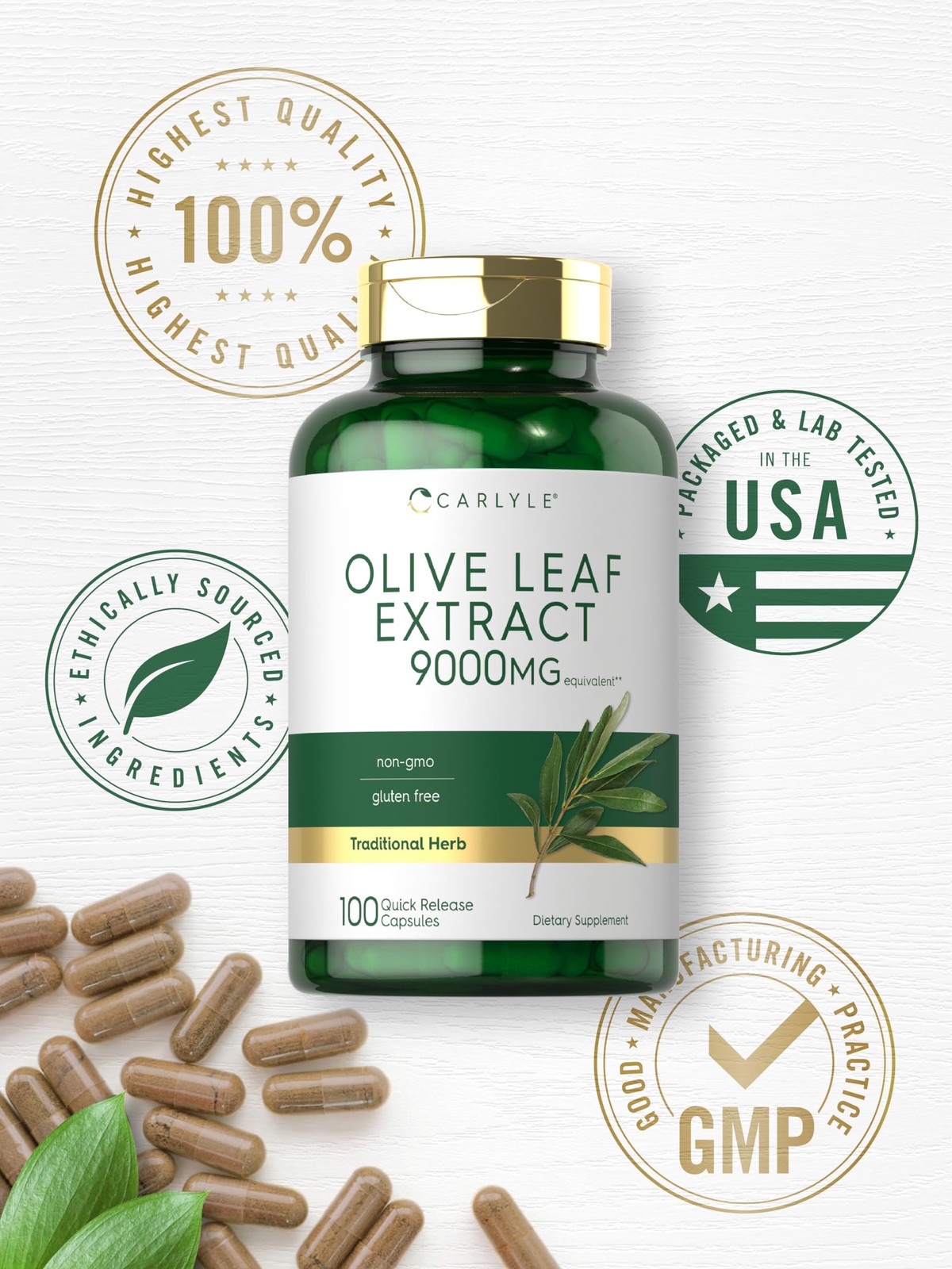 Carlyle Olive Leaf Extract 750 mg | 100 Capsules | with 100 Count (Pack of 1)