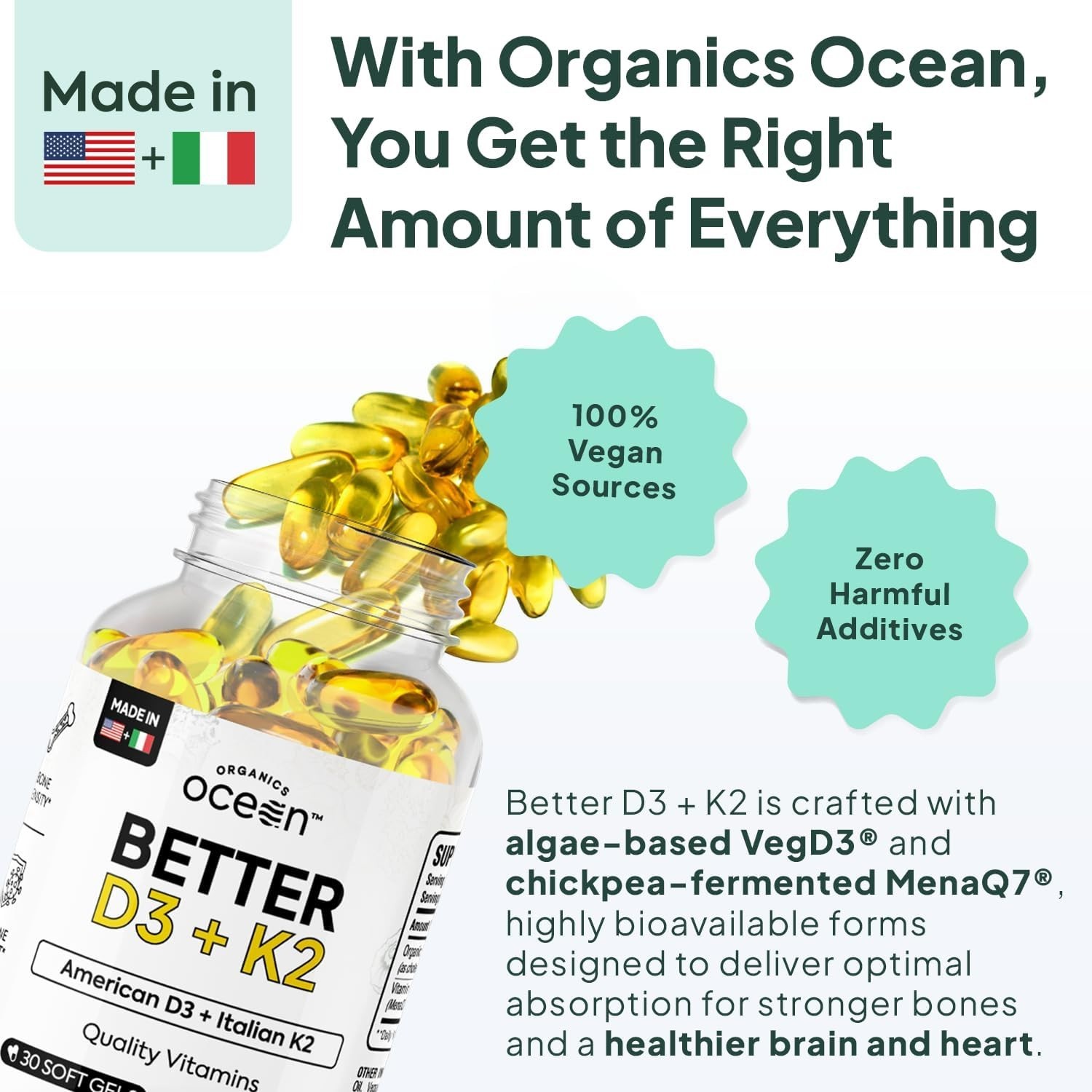 Organics Ocean Better D3 + K2, Organic Vitamin D3 K2 Supplement, 30-Day Supply