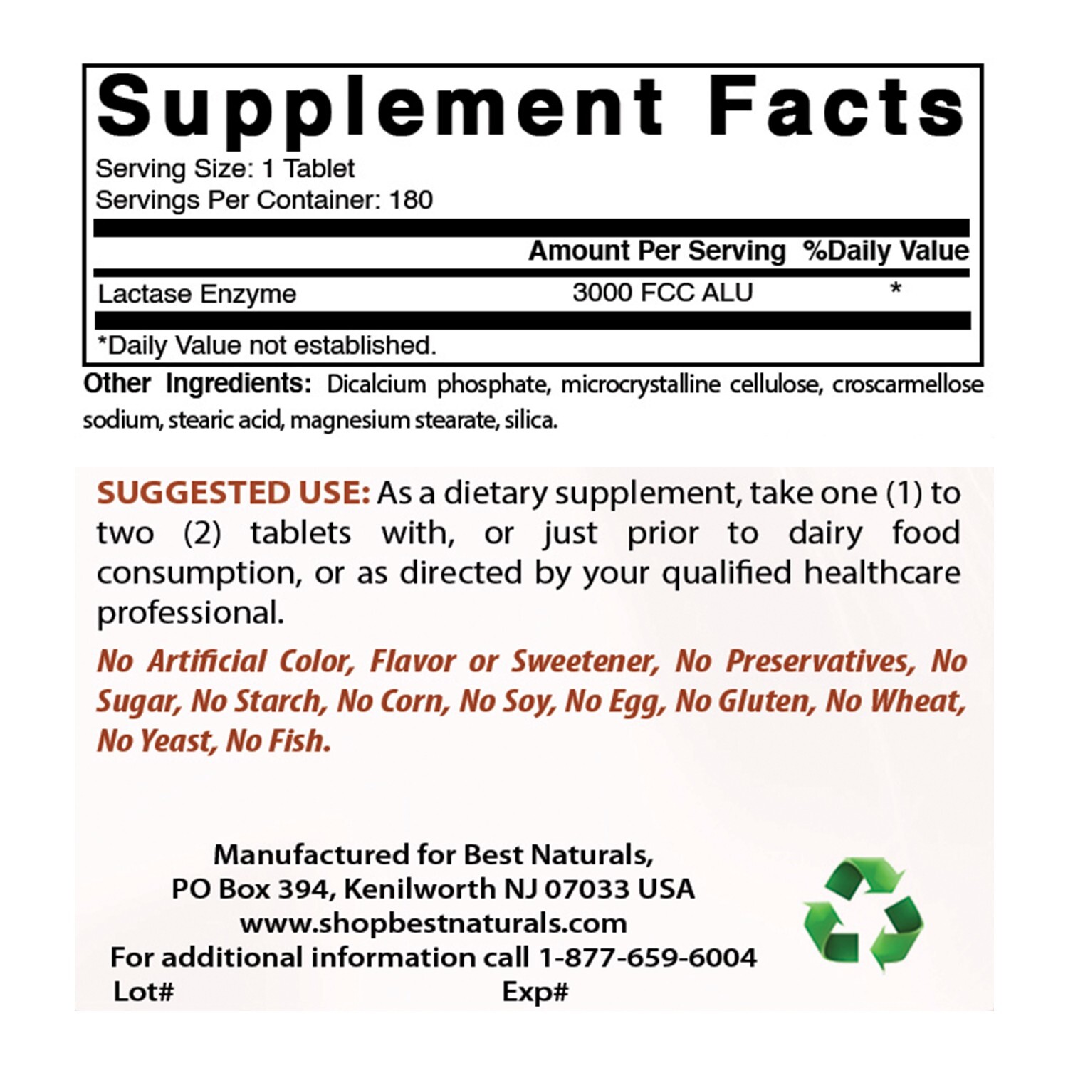 Fast Acting Lactase Enzyme Tablet, 3000 Fcc Alu, 180 Count