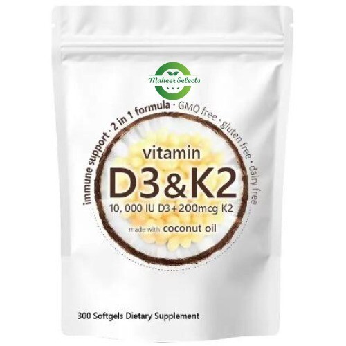 Vitamin D3 10000 iu Plus K2 (MK-7) 200 mcg, 300 Virgin Coconut Oil Softgels