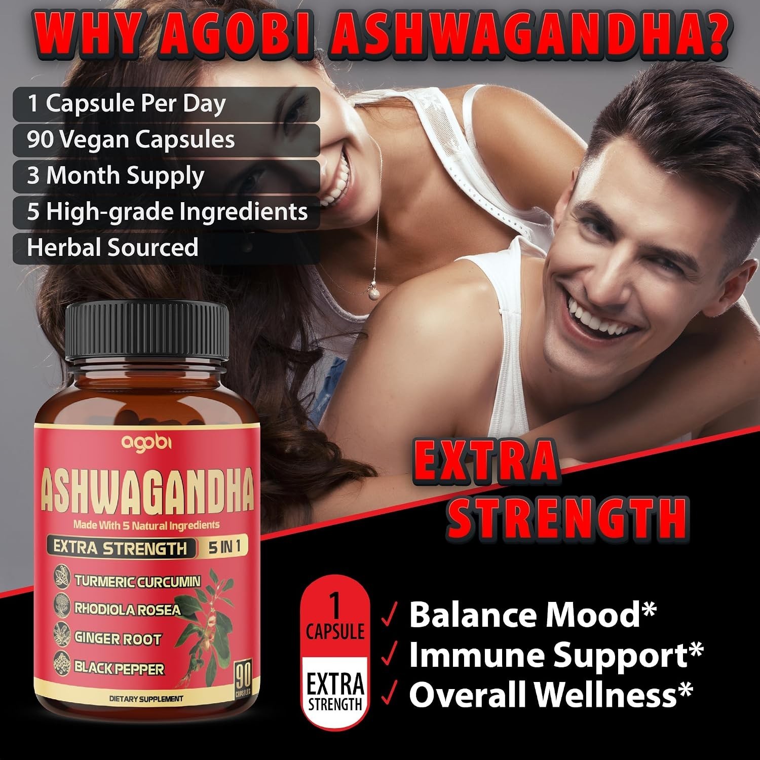 90 Ashwagandha Capsules for Immune Support & Mood Balance, 3- Supply