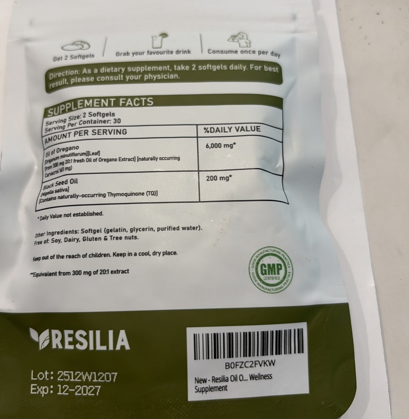 Resilia 6,000mg Oil of Oregano + Black Seed Oil 60 Softgels Immune Support