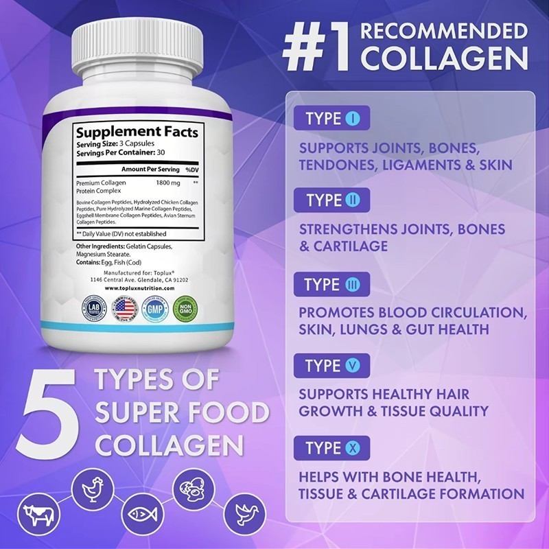 Premium Collagen Peptides 1800 MG Hydrolyzed Anti-Aging – Types I,II,III,V,X++