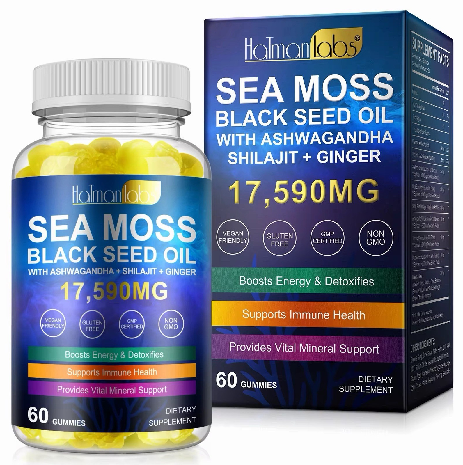 HatmanLabs Sea Moss Shilajit Black Seed Oil Ashwagandha Gummies 60 Ct