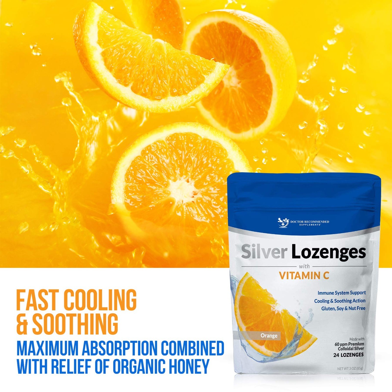 Premium Colloidal Silver Lozenges with Vitamin C & Organic Honey – 24 Orange Dro