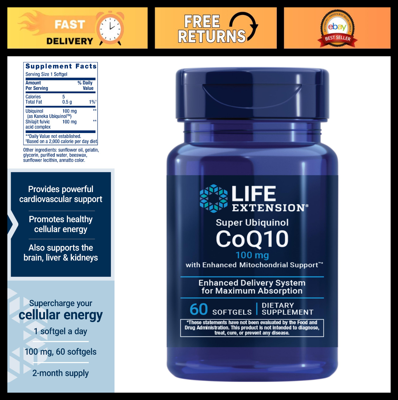 CoQ10 Ubiquinol 100mg – Enhanced Mitochondrial Support, Heart Health, Energy Boo