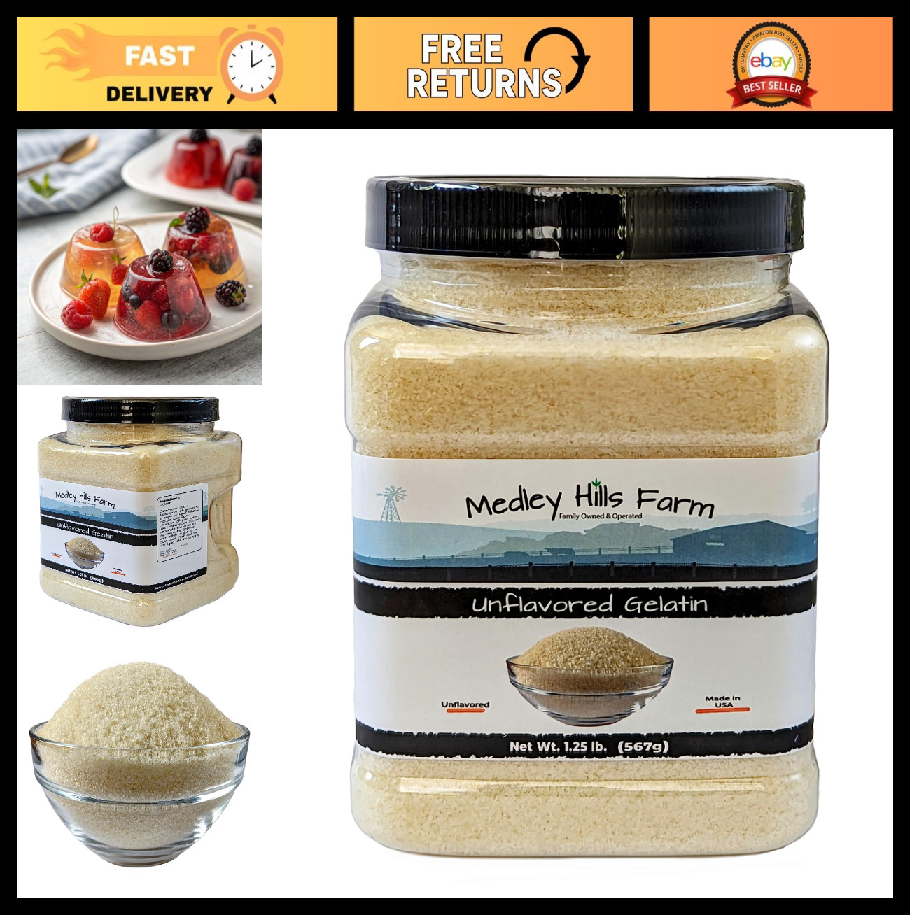 Unflavored Gelatin Powder 1.25 lbs – Thickening Agent in Reusable Container, USA