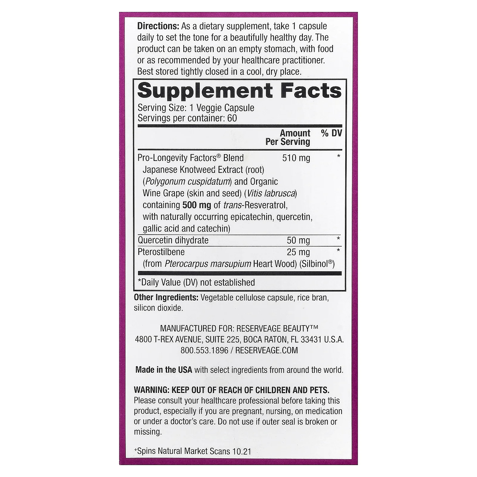 2 X Reserveage Beauty, Resveratrol with Pterostilbene, 60 Veggie Capsules