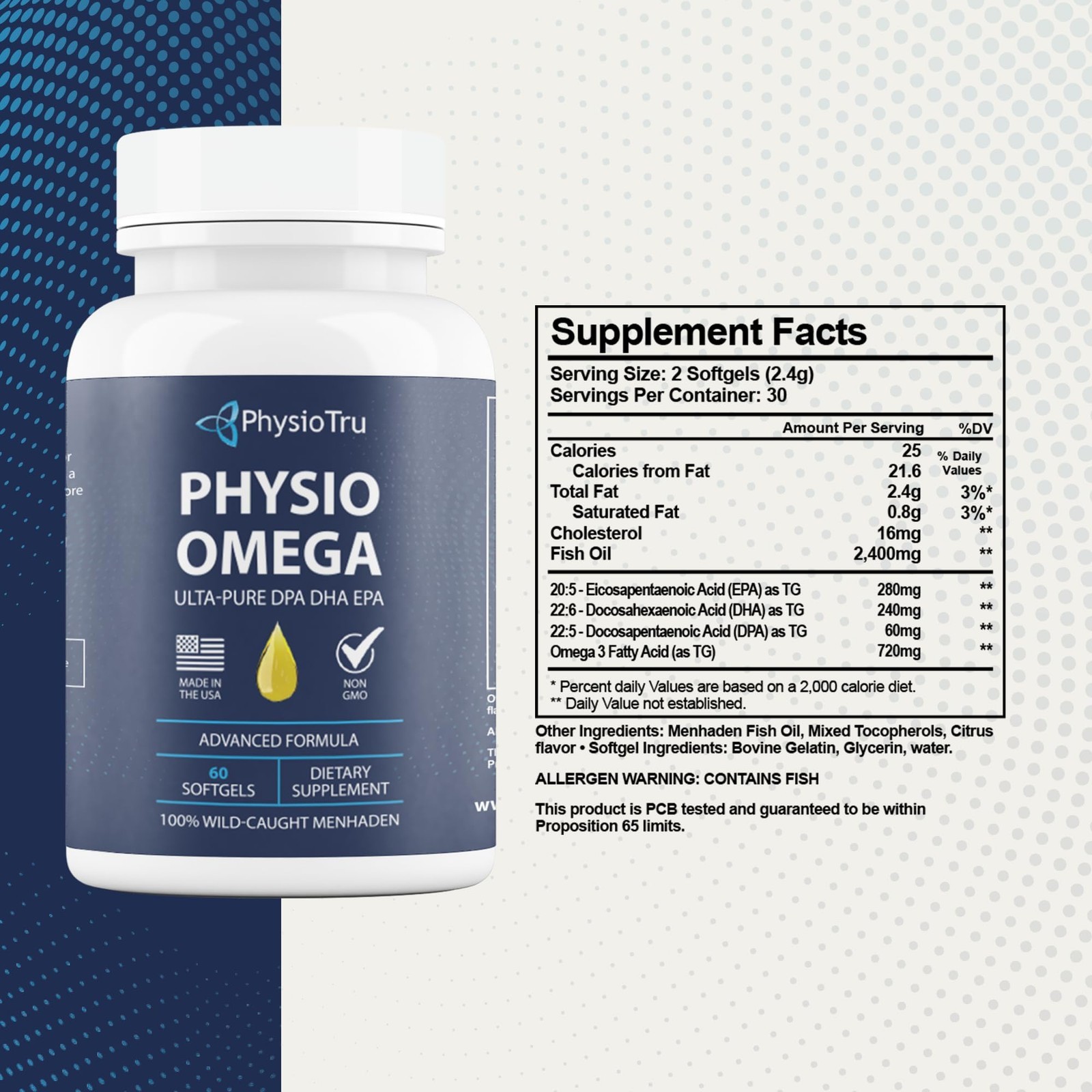 Physio Omega 3 DPA, DHA, EPA Wild Caught Pure Menhaden Fish Oil Supplement, 60
