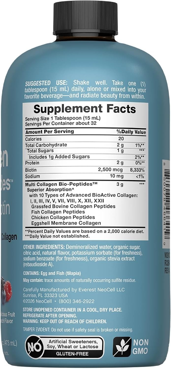NeoCell Liquid Multi Collagen Peptides | 16 Fl Oz | Protein Plus Biotin | 10 Typ