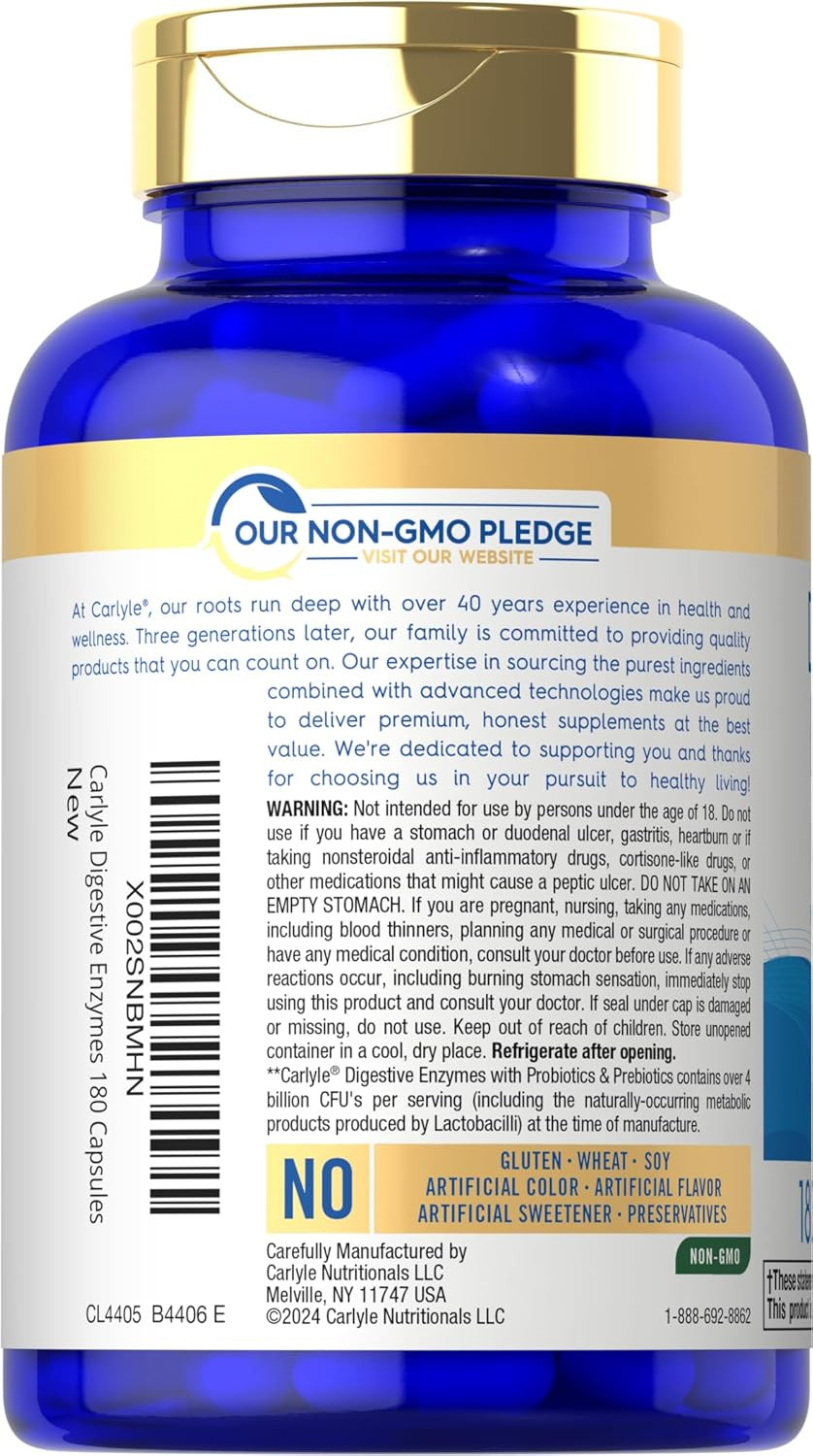 Digestive Enzymes | with Probiotics & Prebiotics | 180 Capsules | Non-Gmo and Gl