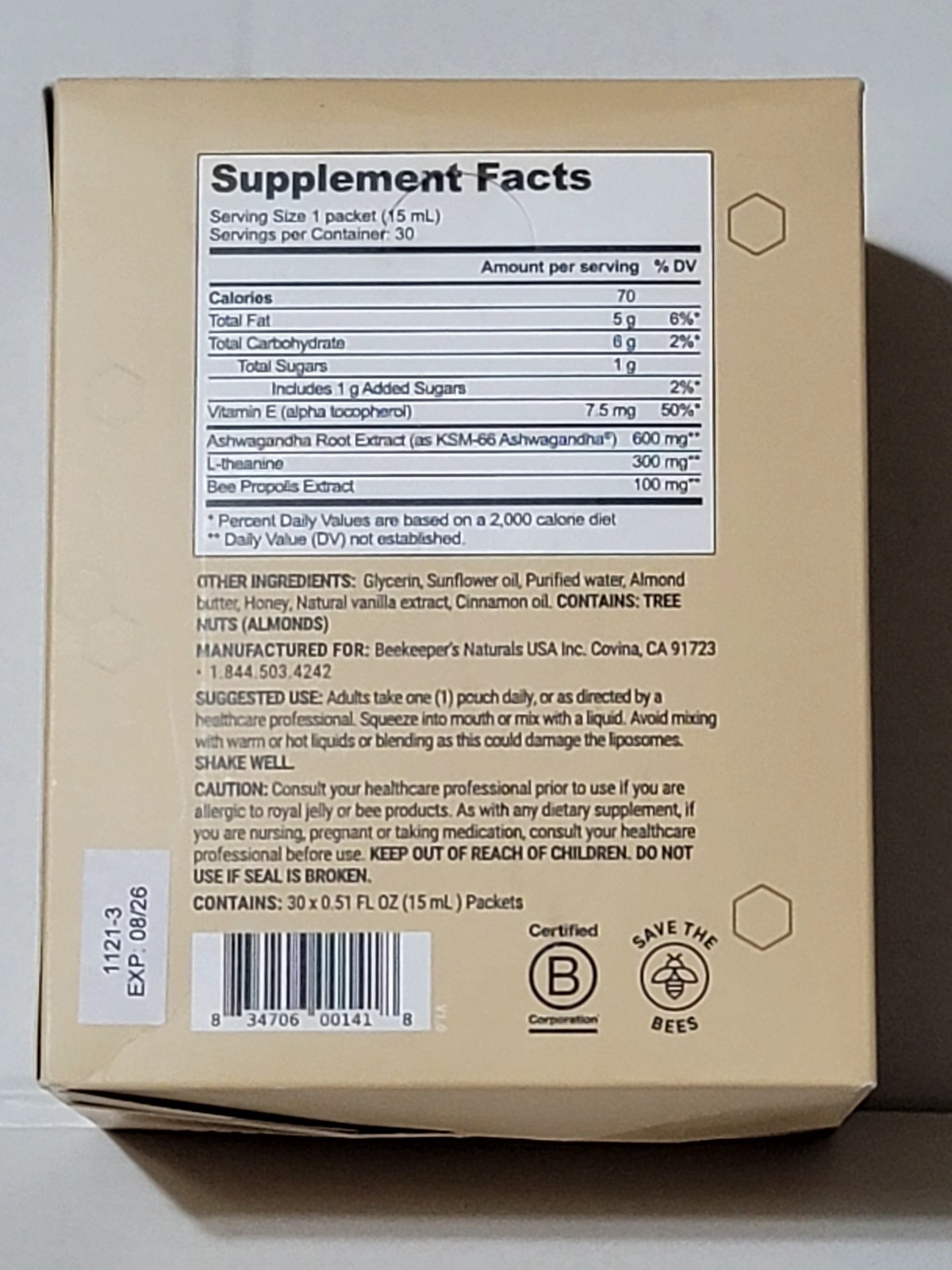 Beekeeper’s Naturals Propolis Stress Support 30 Pk Vanilla Cinnamon Exp 08/2026
