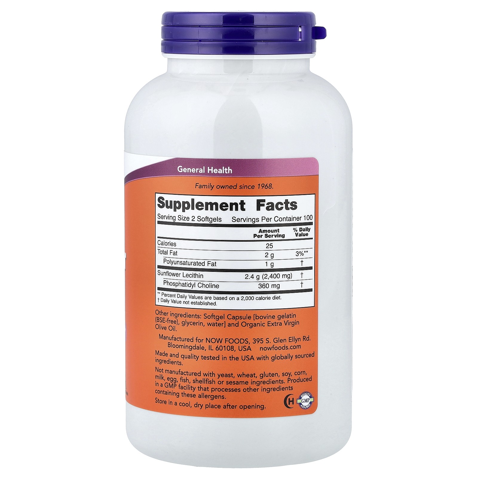 Now Foods Sunflower Lecithin 1200 mg 200 Softgels GMP Quality Assured, Kosher,
