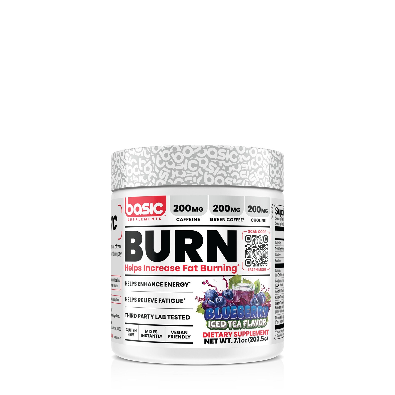 Basic Supplements Burn Blueberry Iced Tea Flavor Energy Boost Relief 202g NEW