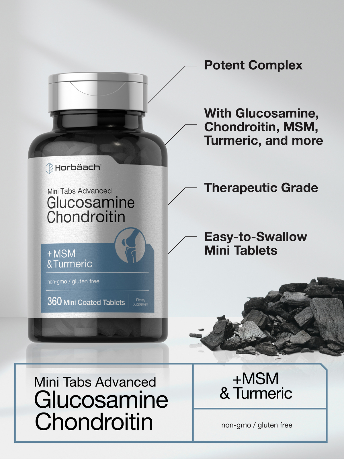 Glucosamine Chondroitin MSM Plus Turmeric | 360 Tablets | Non-GMO | by Horbaach