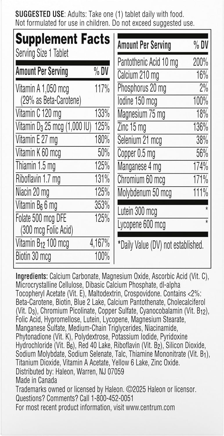 Centrum Silver Mens 50 Plus Multivitamin With Vitamin B & D3, 100 Count