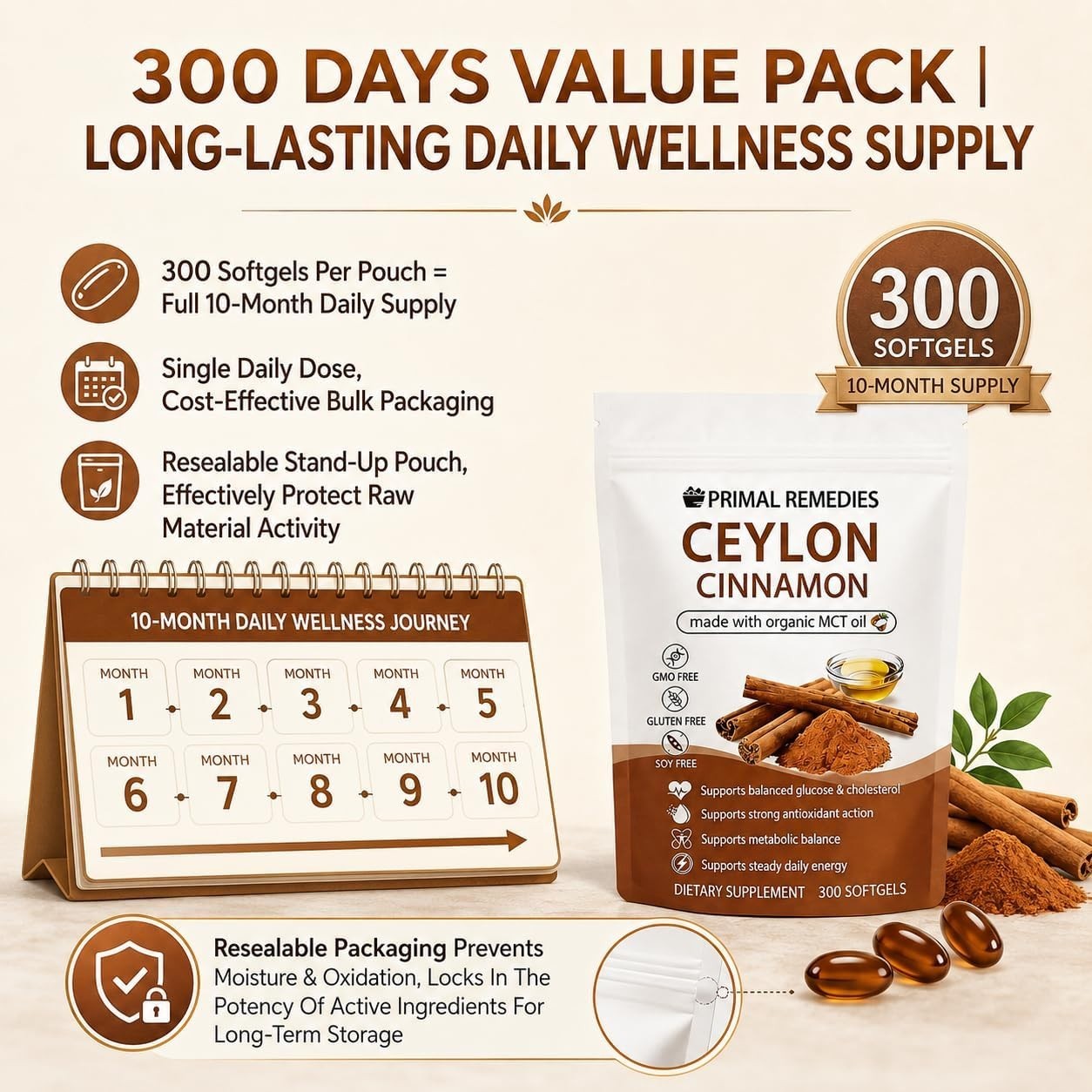 300 Softgels of Non-GMO Ceylon Cinnamon with MCT Oil – Wellness Boost