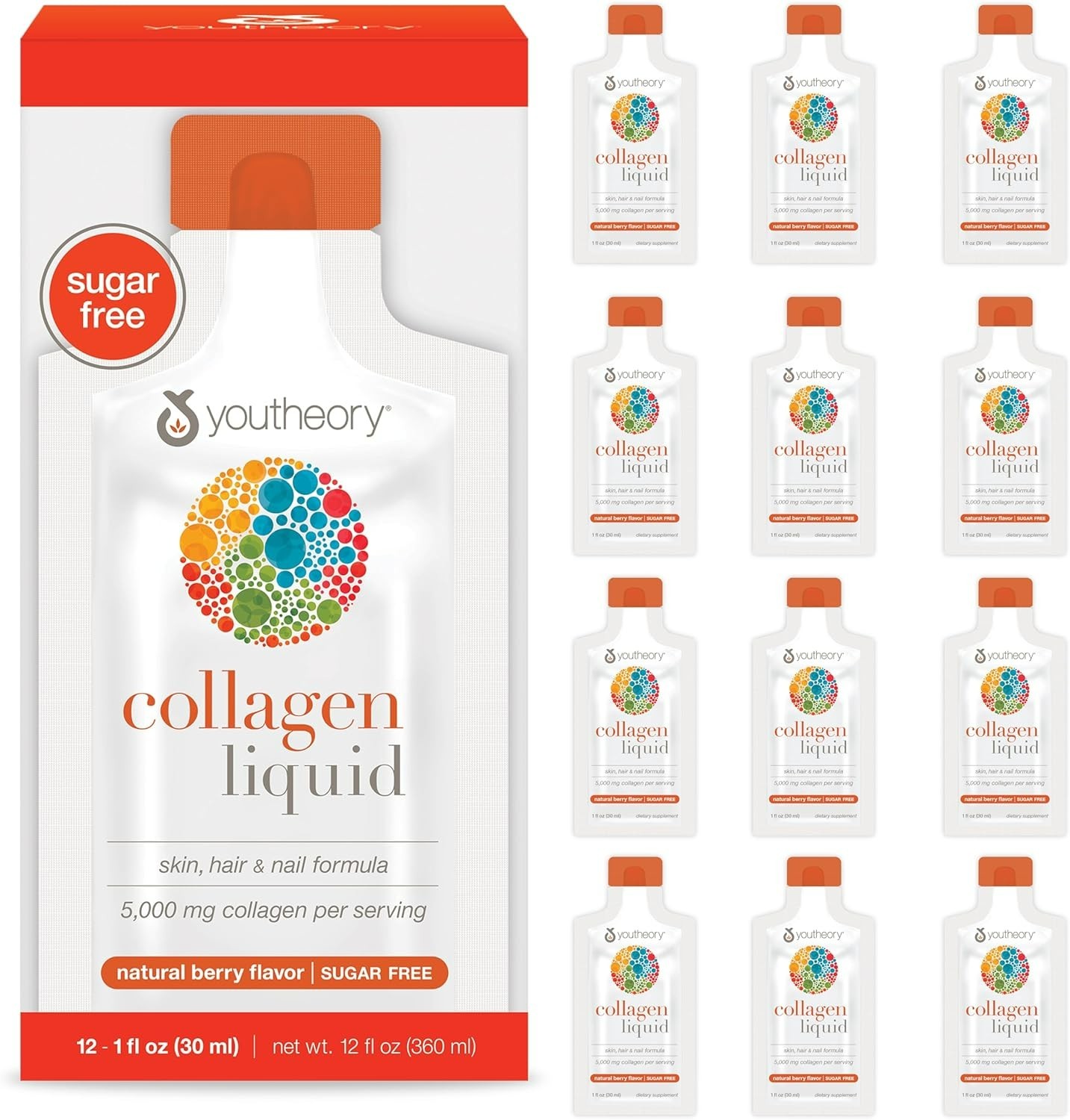 Youtheory Collagen Liquid – 5,000 mg Hydrolyzed 1 Fl Oz (Pack of 12) EXP 04/27
