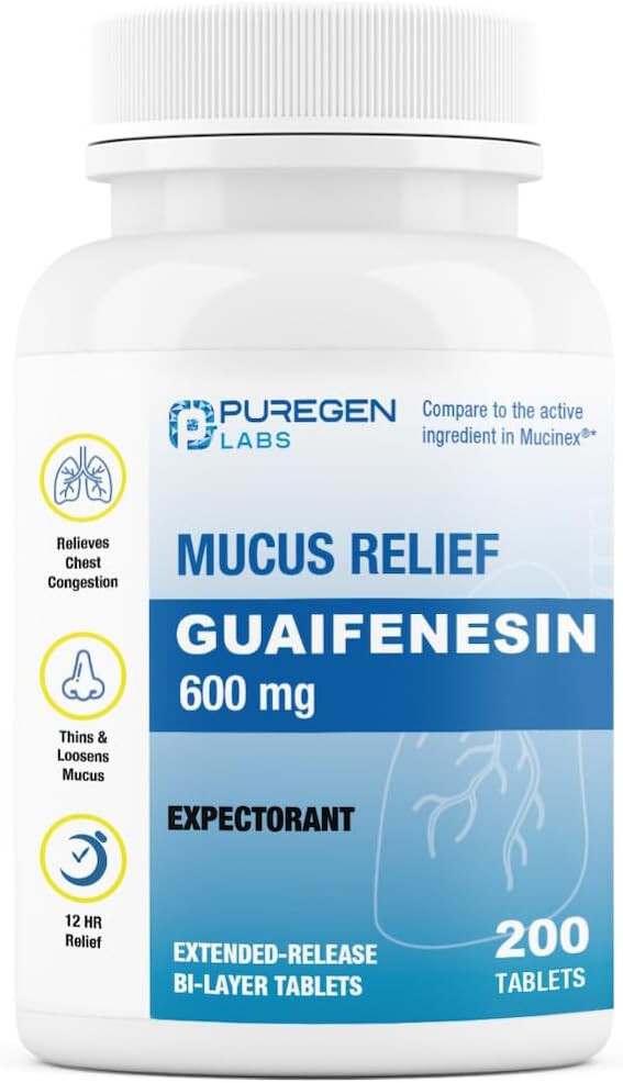 Puregen Labs Mucus Relief Expectorant 12 Hour Guaifenesin 600mg 200 Tablets