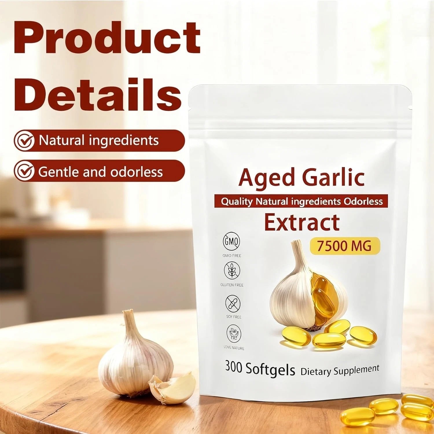 Odorless Garlic 7500mg Per Servings, 300 Softgels | 2 Years Aged Garlic Extra…